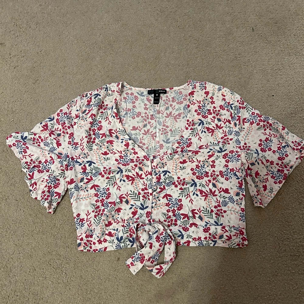 Floral Crop Top With Front Tie and Buttons